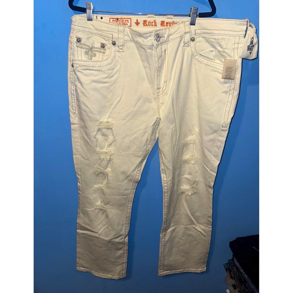 Rock Revival White Steven Straight Jeans Slim Fit Distressed Denim 42 NWT